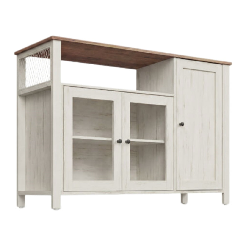 **Stylowy cabinet z przeszklonymi drzwiami i drewnianym blatem**